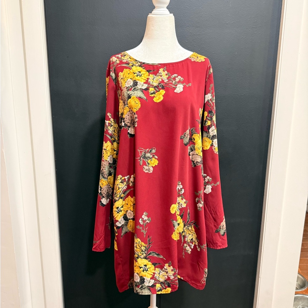 My Story Red Floral Long-Sleeve Swing Dress with Yellow Accents